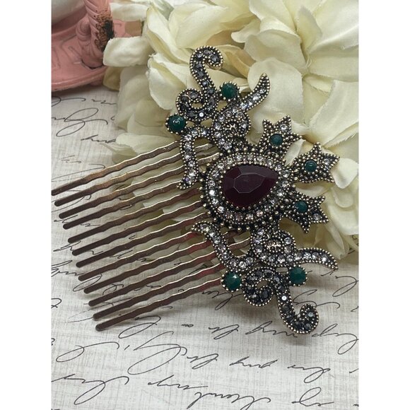 Vintage Style Victorian Ruby Emerald Rhinestone Hair Comb Gold Medieval 3 inch l - Picture 8 of 8
